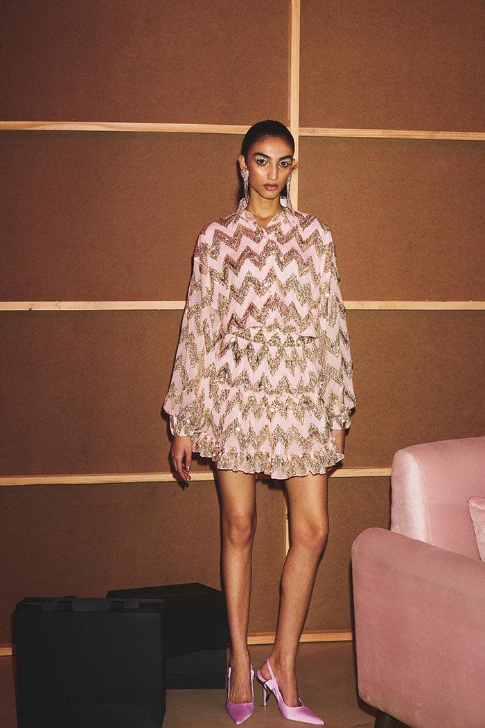 Powder Pink Chevron Sequin Collared Shirt Dress – Kangana Trehan