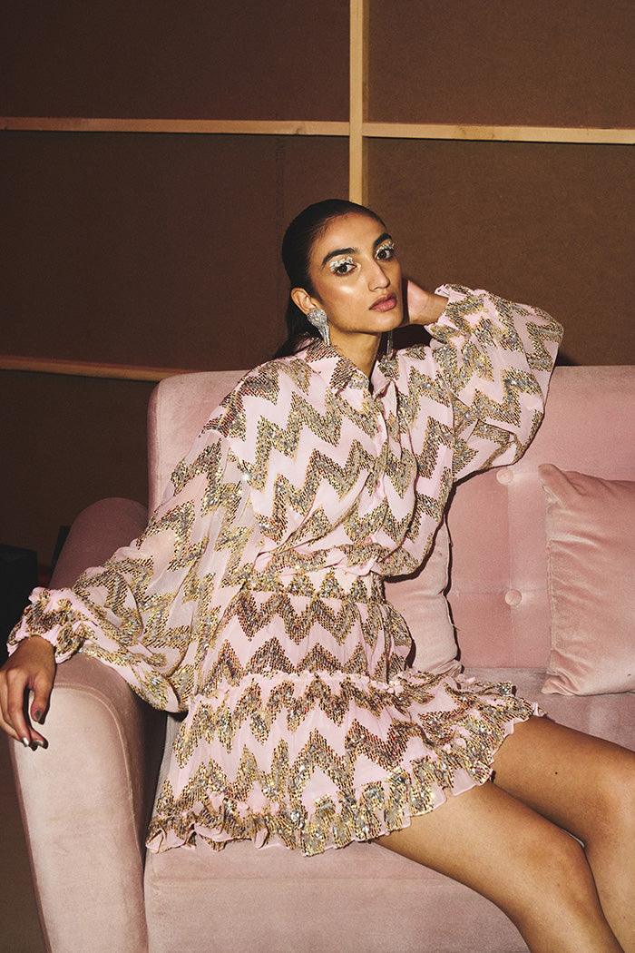 Powder Pink Chevron Sequin Collared Shirt Dress – Kangana Trehan