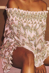 Powder Pink Chevron Sequin Off-Shoulder Smocked Dress