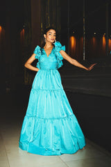 Sapphire Blue Ruffled Tiered Gown