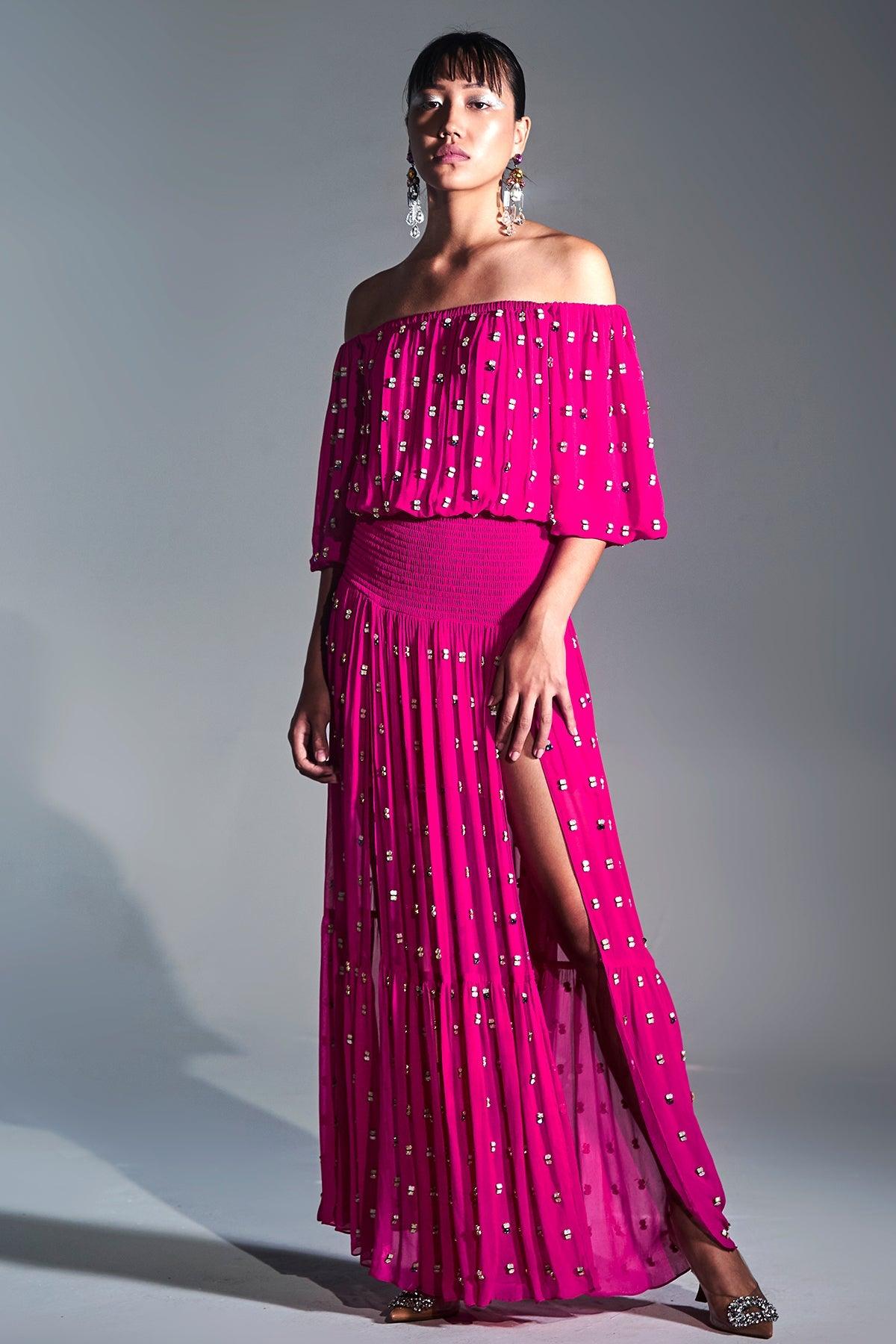 Hot Pink Off Shoulder Maxi Dress With Slits