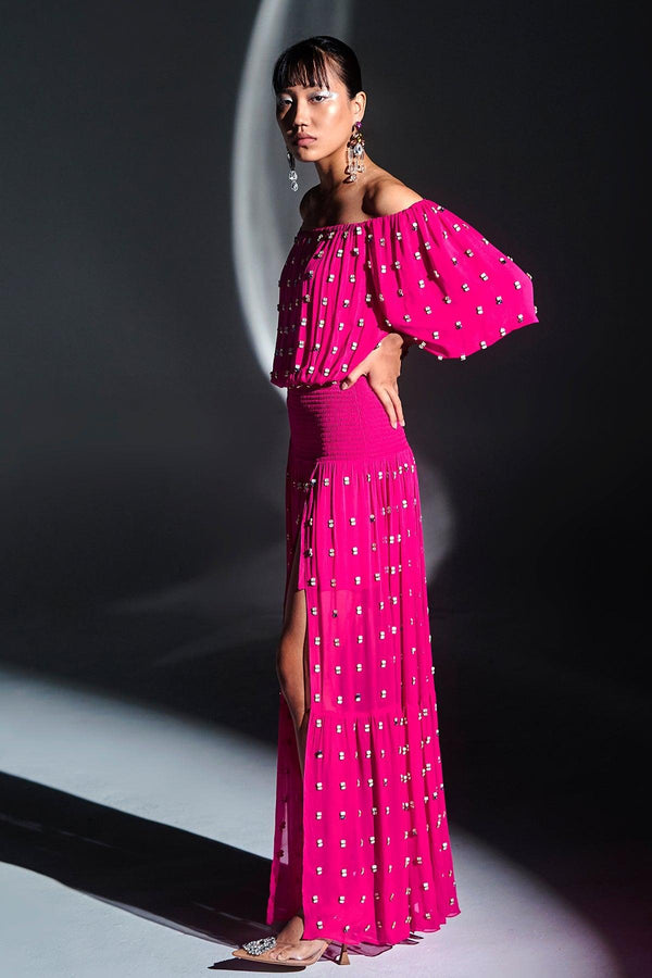 Hot Pink Off Shoulder Maxi Dress With Slits