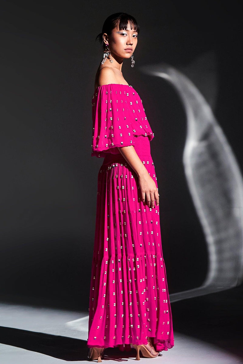 Hot Pink Off Shoulder Maxi Dress With Slits