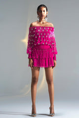 Pink Ruched Sleeves Dress With Swarovski Crystals